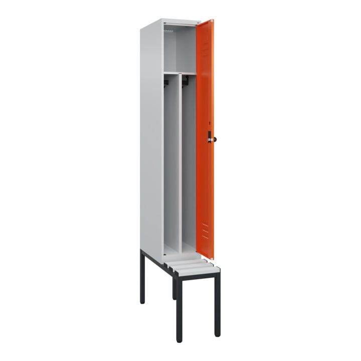 C+P Spind Classic PLUS, Bank, 1 Abteil, 2120x300x815mm, 7035/2004 Verschluss Sicherheits-Drehriegel 4 Garderobenhaken Trennwand mittig Dekor Banklatten RAL 7035 Lichtgrau Sitzbanktyp untergebaut