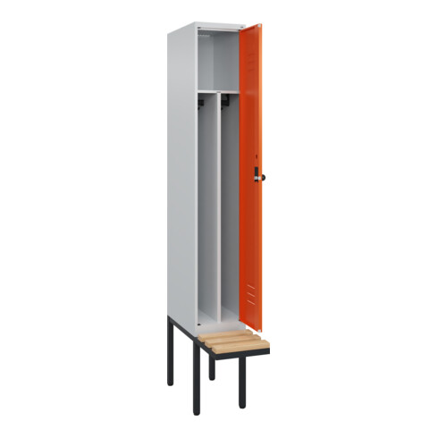 C+P Spind Classic PLUS, Bank, 1 Abteil, 2120x300x815mm, 7035/2004 Verschluss Sicherheits-Drehriegel 4 Garderobenhaken Trennwand mittig  Sitzbanktyp auskragend