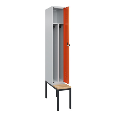 C+P Spind Classic PLUS, Bank, 1 Abteil, 2120x300x815mm, 7035/2004 Verschluss Sicherheits-Drehriegel 4 Garderobenhaken Trennwand mittig  Sitzbanktyp untergebaut
