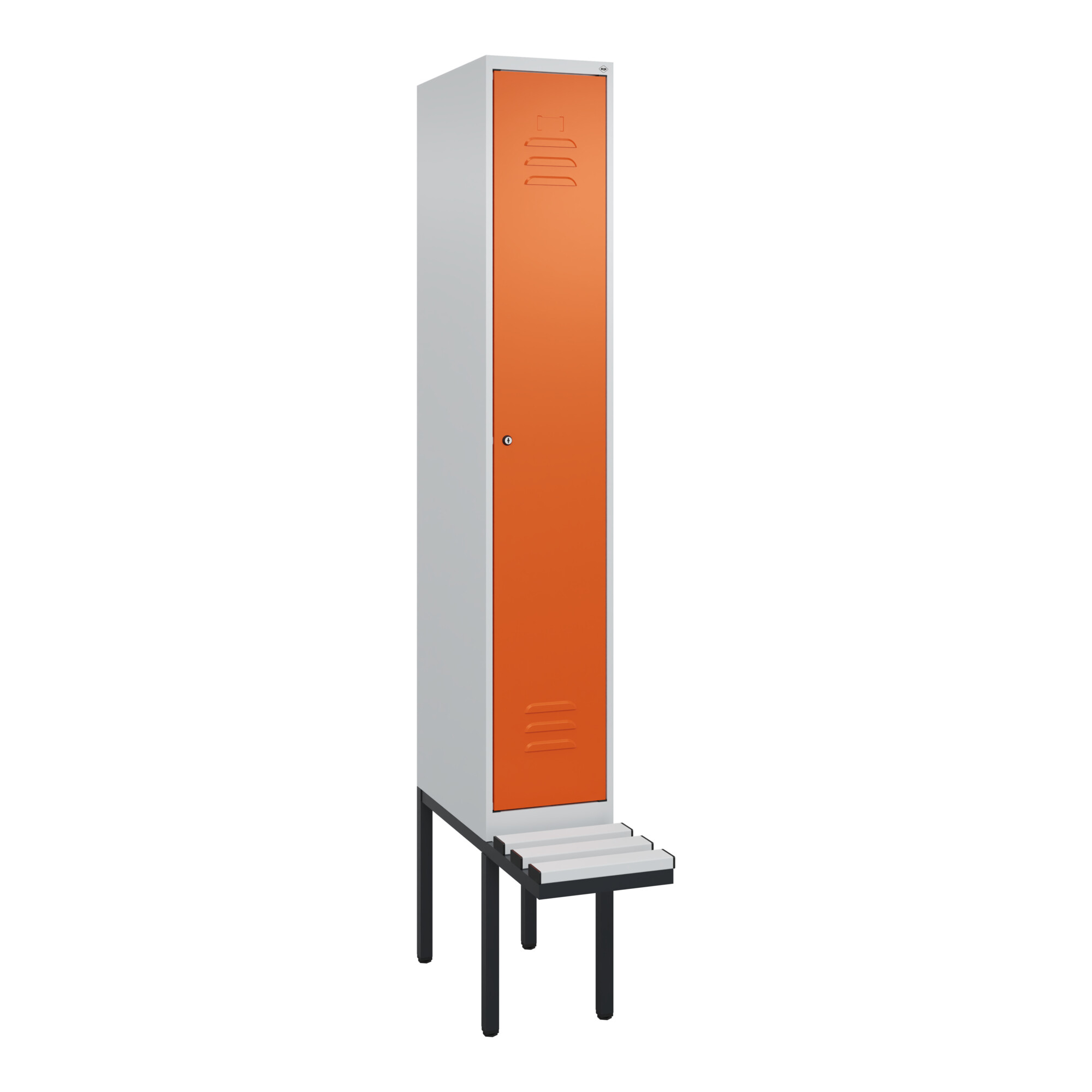 C+P Spind Classic PLUS, Bank, 1 Abteil, 2120x300x815mm, 7035/2004 Verschluss Zylinderschloss 4 Garderobenhaken Trennwand mittig Dekor Banklatten RAL 7