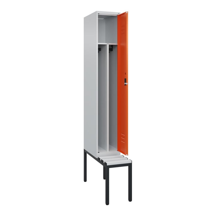C+P Spind Classic PLUS, Bank, 1 Abteil, 2120x300x815mm, 7035/2004 Verschluss Zylinderschloss 4 Garderobenhaken Trennwand mittig Dekor Banklatten RAL 7035 Lichtgrau Sitzbanktyp untergebaut