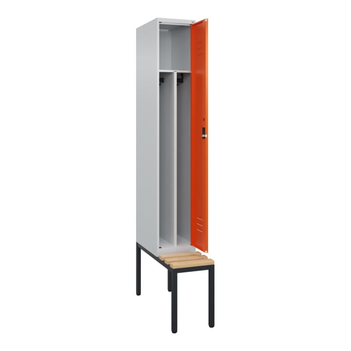 C+P Spind Classic PLUS, Bank, 1 Abteil, 2120x300x815mm, 7035/2004 Verschluss Zylinderschloss 4 Garderobenhaken Trennwand mittig  Sitzbanktyp untergebaut