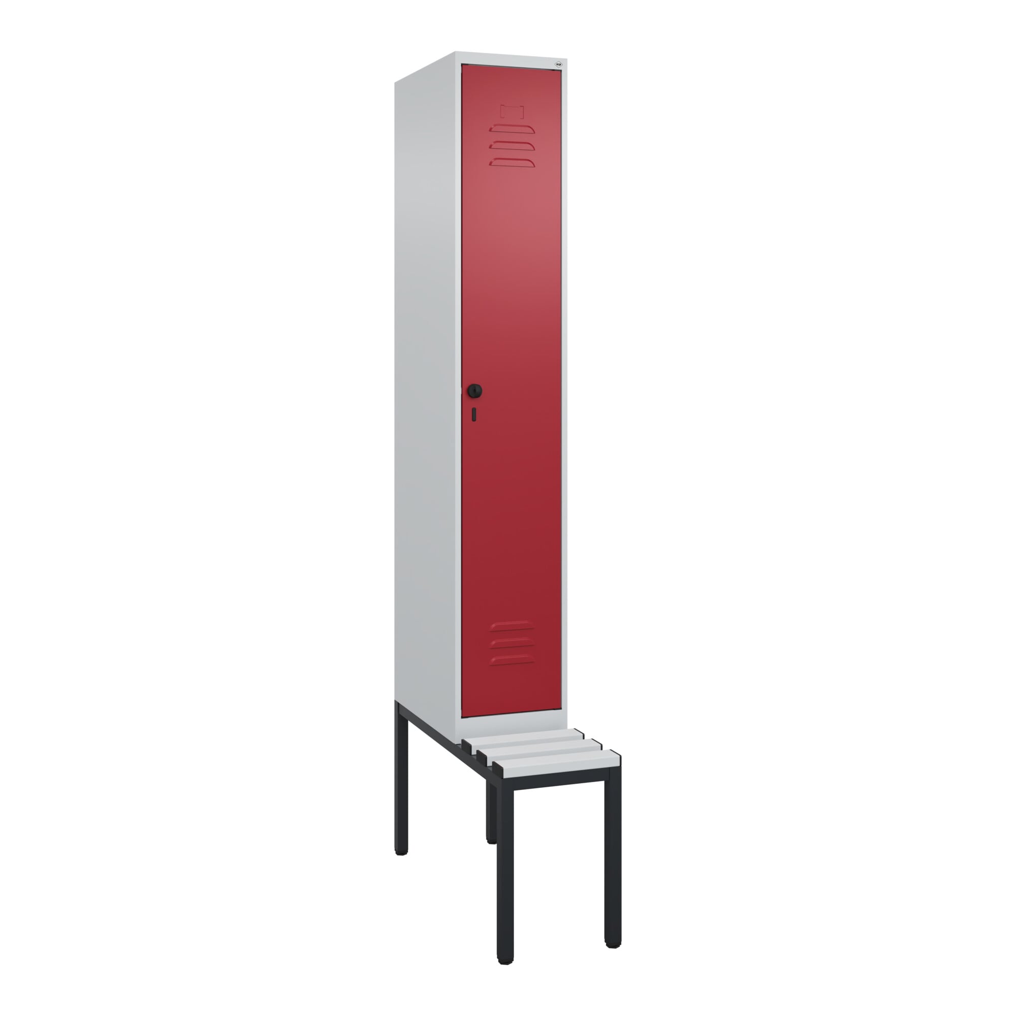 C+P Spind Classic PLUS, Bank, 1 Abteil, 2120x300x815mm, 7035/3003 Verschluss Sicherheits-Drehriegel 3 Garderobenhaken Dekor Banklatten RAL 7035 Licht
