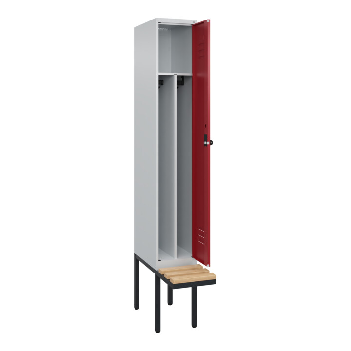 C+P Spind Classic PLUS, Bank, 1 Abteil, 2120x300x815mm, 7035/3003 Verschluss Sicherheits-Drehriegel 4 Garderobenhaken Trennwand mittig  Sitzbanktyp auskragend