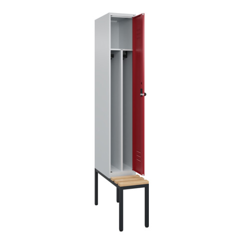 C+P Spind Classic PLUS, Bank, 1 Abteil, 2120x300x815mm, 7035/3003 Verschluss Sicherheits-Drehriegel 4 Garderobenhaken Trennwand mittig  Sitzbanktyp untergebaut