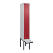 C+P Spind Classic PLUS, Bank, 1 Abteil, 2120x300x815mm, 7035/3003 Verschluss Zylinderschloss 3 Garderobenhaken  Dekor Banklatten RAL 7035 Lichtgrau Sitzbanktyp auskragend