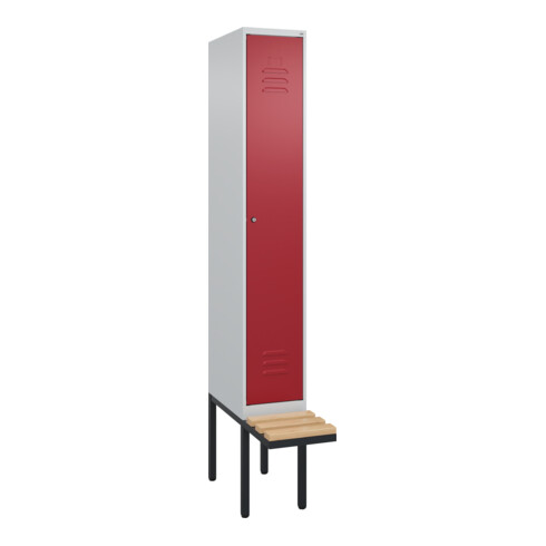 C+P Spind Classic PLUS, Bank, 1 Abteil, 2120x300x815mm, 7035/3003 Verschluss Zylinderschloss 3 Garderobenhaken   Sitzbanktyp auskragend