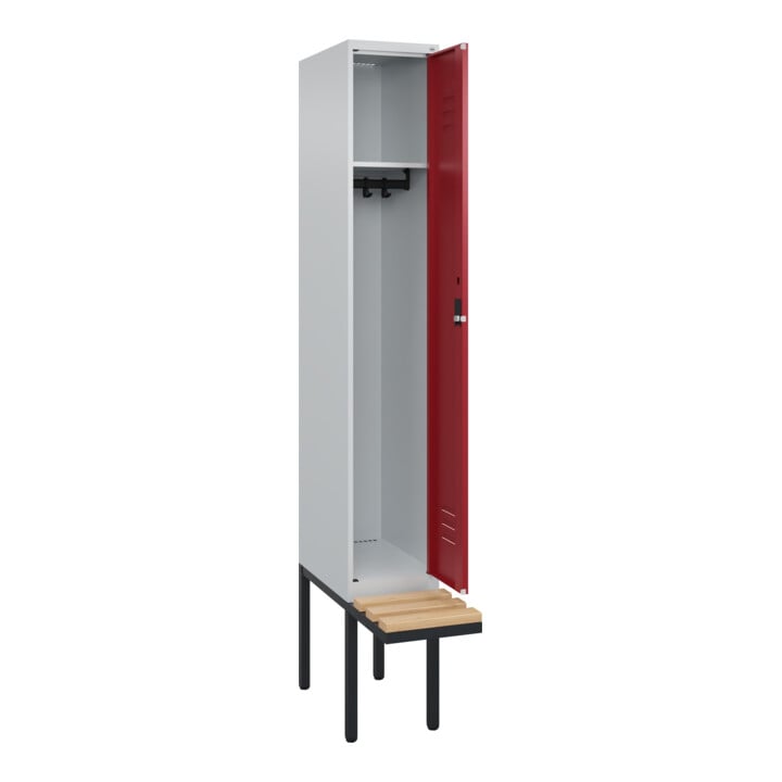C+P Spind Classic PLUS, Bank, 1 Abteil, 2120x300x815mm, 7035/3003 Verschluss Zylinderschloss 3 Garderobenhaken   Sitzbanktyp auskragend