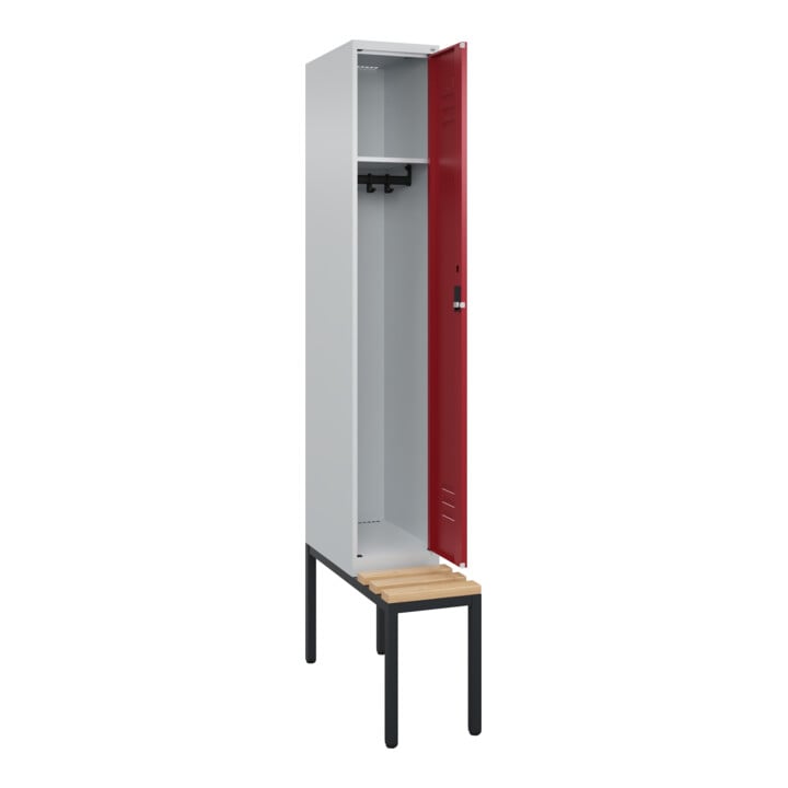 C+P Spind Classic PLUS, Bank, 1 Abteil, 2120x300x815mm, 7035/3003 Verschluss Zylinderschloss 3 Garderobenhaken   Sitzbanktyp untergebaut
