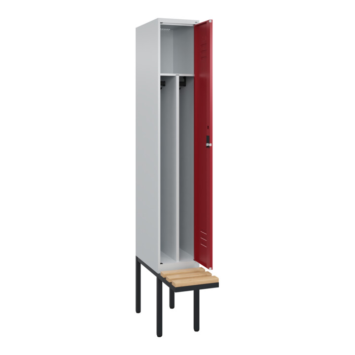 C+P Spind Classic PLUS, Bank, 1 Abteil, 2120x300x815mm, 7035/3003 Verschluss Zylinderschloss 4 Garderobenhaken Trennwand mittig  Sitzbanktyp auskragend