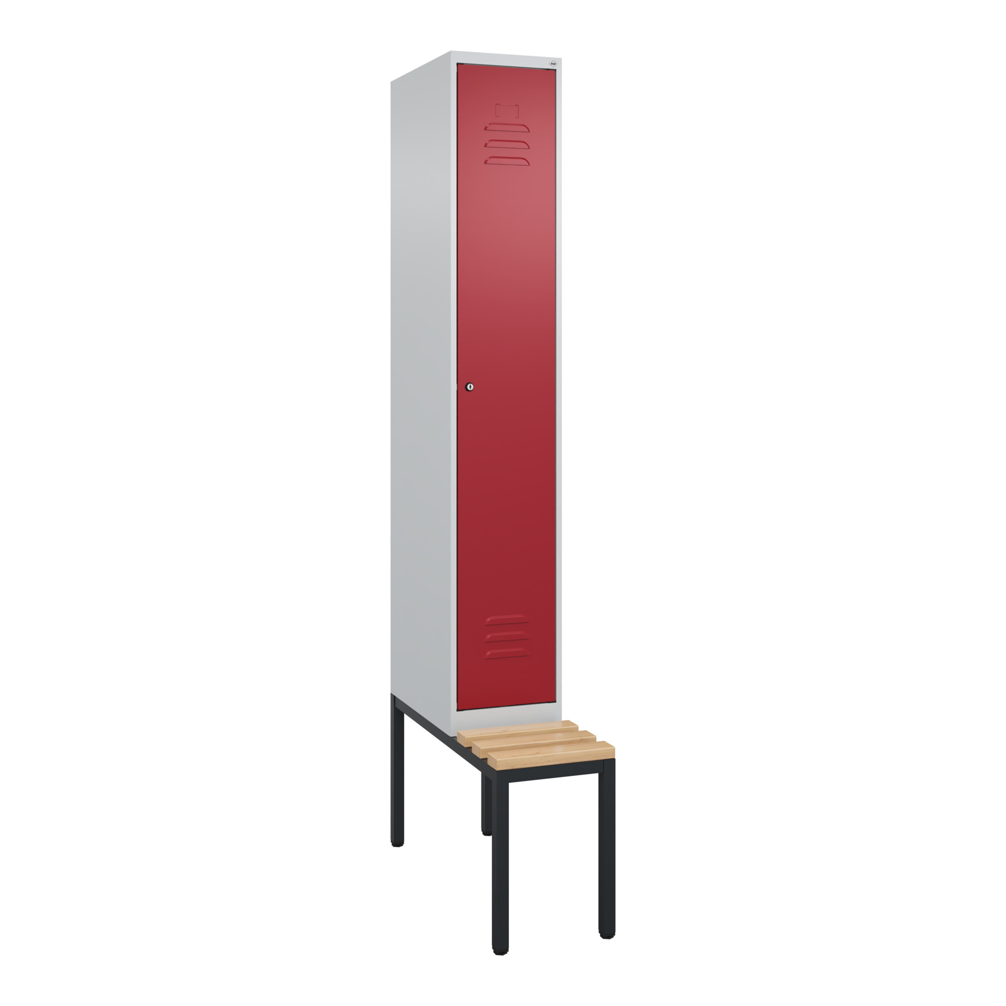 C+P Spind Classic PLUS, Bank, 1 Abteil, 2120x300x815mm, 7035/3003 Verschluss Zylinderschloss 4 Garderobenhaken Trennwand mittig Sitzbanktyp untergeba