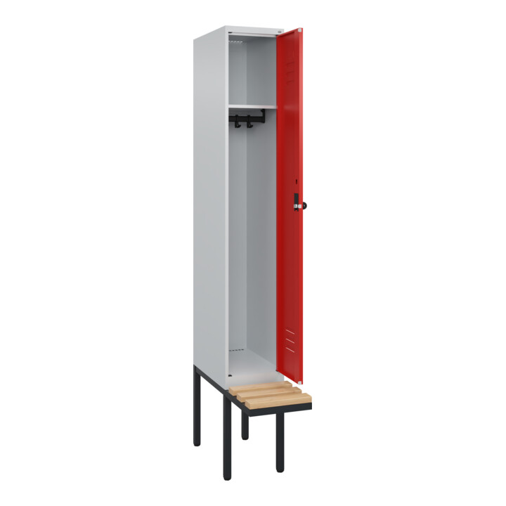 C+P Spind Classic PLUS, Bank, 1 Abteil, 2120x300x815mm, 7035/3020 Verschluss Sicherheits-Drehriegel 3 Garderobenhaken   Sitzbanktyp auskragend