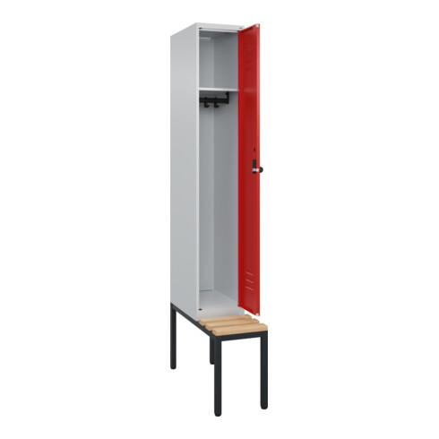 C+P Spind Classic PLUS, Bank, 1 Abteil, 2120x300x815mm, 7035/3020 Verschluss Sicherheits-Drehriegel 3 Garderobenhaken Sitzbanktyp untergebaut
