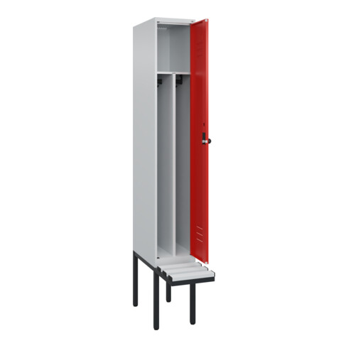 C+P Spind Classic PLUS, Bank, 1 Abteil, 2120x300x815mm, 7035/3020 Verschluss Sicherheits-Drehriegel 4 Garderobenhaken Trennwand mittig Dekor Banklatten RAL 7035 Lichtgrau Sitzbanktyp auskragend