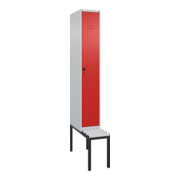 C+P Spind Classic PLUS, Bank, 1 Abteil, 2120x300x815mm, 7035/3020 Verschluss Sicherheits-Drehriegel 4 Garderobenhaken Trennwand mittig Dekor Banklatten RAL 7035 Lichtgrau Sitzbanktyp untergebaut
