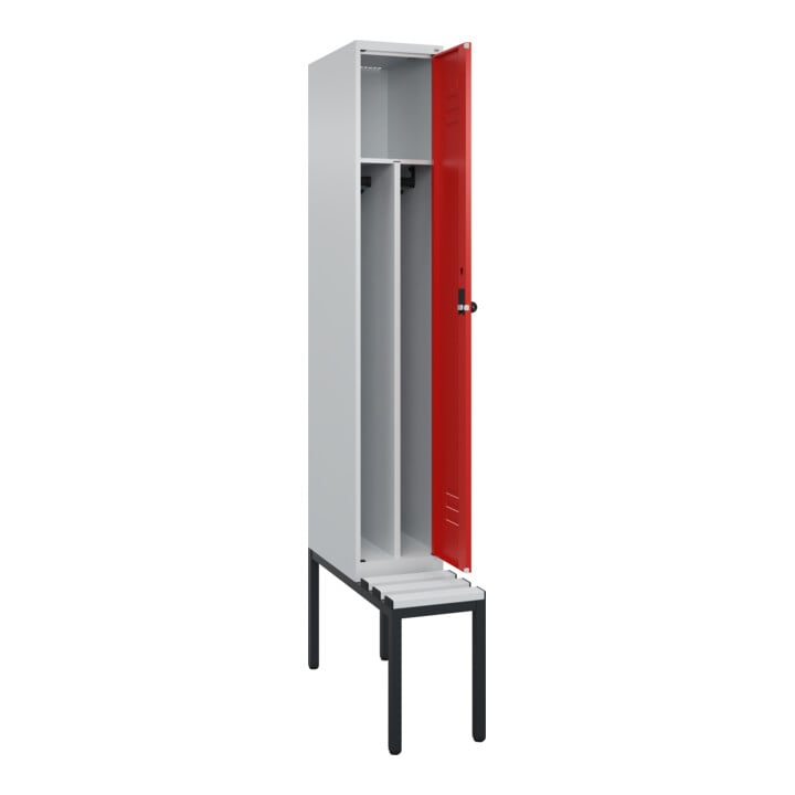 C+P Spind Classic PLUS, Bank, 1 Abteil, 2120x300x815mm, 7035/3020 Verschluss Sicherheits-Drehriegel 4 Garderobenhaken Trennwand mittig Dekor Banklatten RAL 7035 Lichtgrau Sitzbanktyp untergebaut