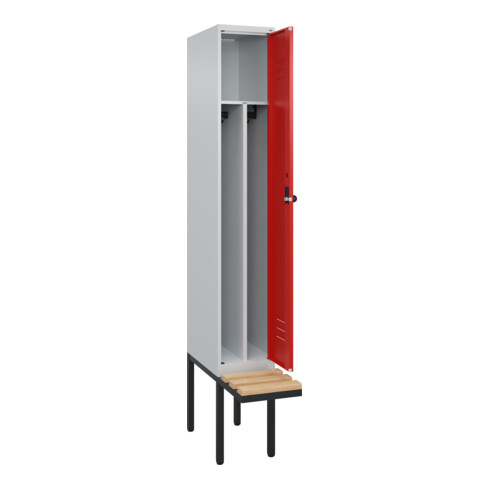 C+P Spind Classic PLUS, Bank, 1 Abteil, 2120x300x815mm, 7035/3020 Verschluss Sicherheits-Drehriegel 4 Garderobenhaken Trennwand mittig  Sitzbanktyp auskragend