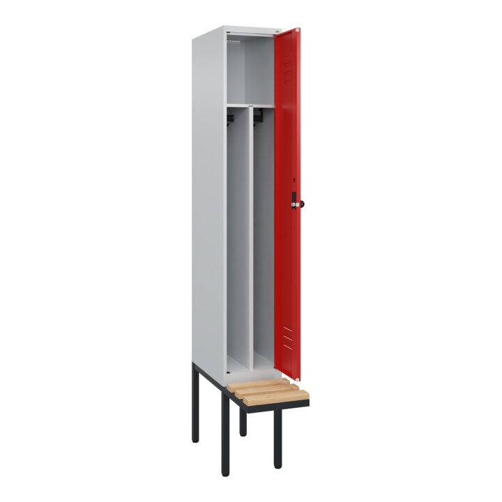 C+P Spind Classic PLUS, Bank, 1 Abteil, 2120x300x815mm, 7035/3020 Verschluss Sicherheits-Drehriegel 4 Garderobenhaken Trennwand mittig  Sitzbanktyp auskragend