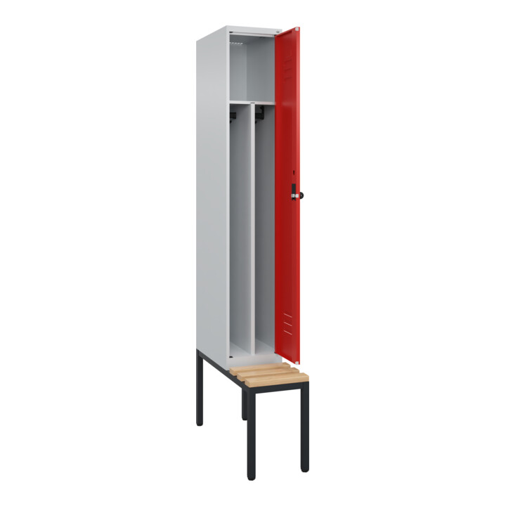 C+P Spind Classic PLUS, Bank, 1 Abteil, 2120x300x815mm, 7035/3020 Verschluss Sicherheits-Drehriegel 4 Garderobenhaken Trennwand mittig  Sitzbanktyp untergebaut