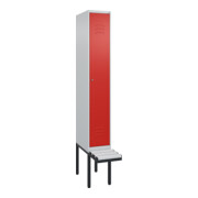 C+P Spind Classic PLUS, Bank, 1 Abteil, 2120x300x815mm, 7035/3020 Verschluss Zylinderschloss 3 Garderobenhaken  Dekor Banklatten RAL 7035 Lichtgrau Sitzbanktyp auskragend