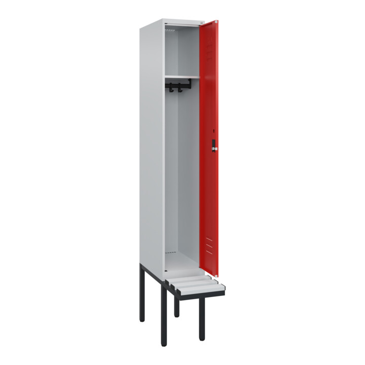 C+P Spind Classic PLUS, Bank, 1 Abteil, 2120x300x815mm, 7035/3020 Verschluss Zylinderschloss 3 Garderobenhaken  Dekor Banklatten RAL 7035 Lichtgrau Sitzbanktyp auskragend