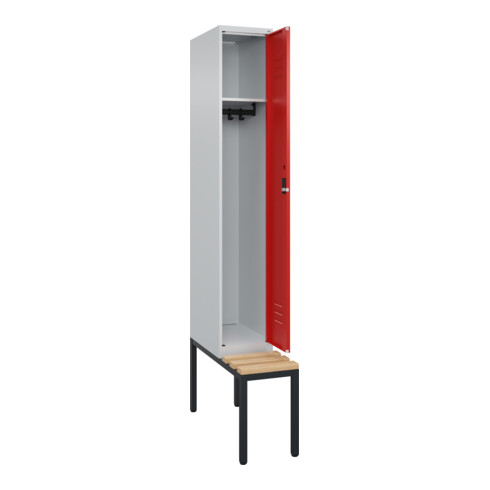 C+P Spind Classic PLUS, Bank, 1 Abteil, 2120x300x815mm, 7035/3020 Verschluss Zylinderschloss 3 Garderobenhaken   Sitzbanktyp untergebaut