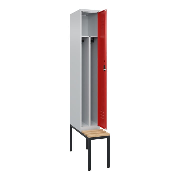 C+P Spind Classic PLUS, Bank, 1 Abteil, 2120x300x815mm, 7035/3020 Verschluss Zylinderschloss 4 Garderobenhaken Trennwand mittig  Sitzbanktyp untergebaut