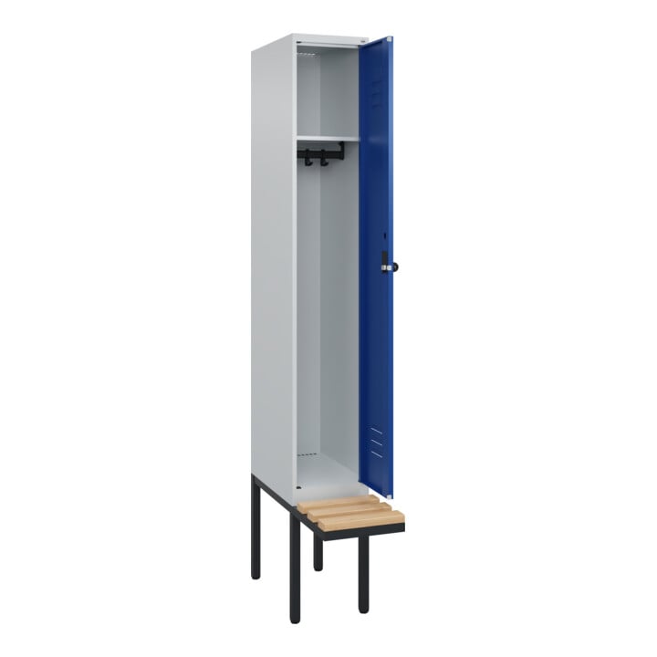 C+P Spind Classic PLUS, Bank, 1 Abteil, 2120x300x815mm, 7035/5010 Verschluss Sicherheits-Drehriegel 3 Garderobenhaken   Sitzbanktyp auskragend