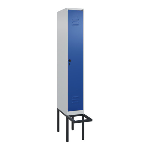 C+P Spind Classic PLUS, Bank, 1 Abteil, 2120x300x815mm, 7035/5010 Verschluss Sicherheits-Drehriegel 4 Garderobenhaken Trennwand mittig  Sitzbanktyp auskragend