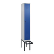 C+P Spind Classic PLUS, Bank, 1 Abteil, 2120x300x815mm, 7035/5010 Verschluss Sicherheits-Drehriegel 4 Garderobenhaken Trennwand mittig  Sitzbanktyp auskragend