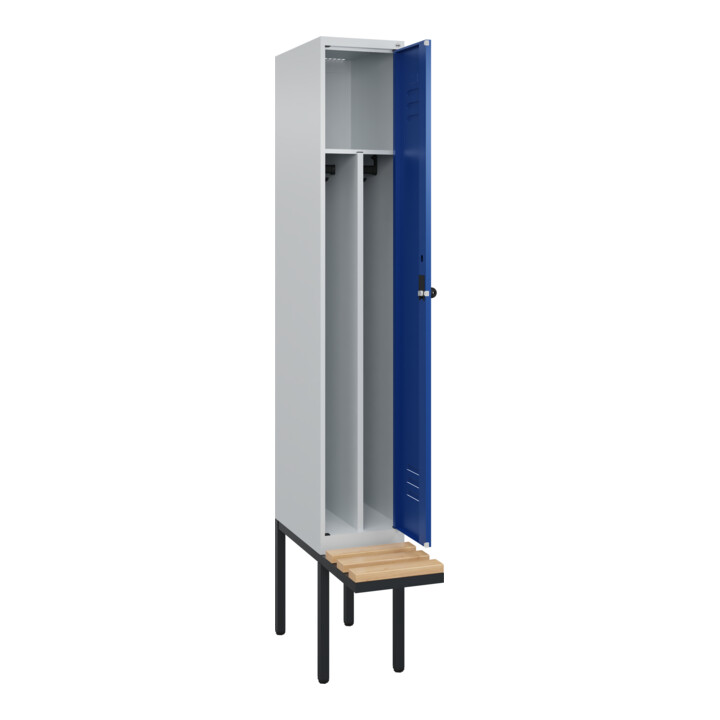C+P Spind Classic PLUS, Bank, 1 Abteil, 2120x300x815mm, 7035/5010 Verschluss Sicherheits-Drehriegel 4 Garderobenhaken Trennwand mittig  Sitzbanktyp auskragend