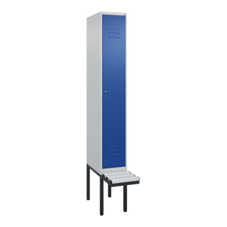 C+P Spind Classic PLUS, Bank, 1 Abteil, 2120x300x815mm, 7035/5010 Verschluss Zylinderschloss 3 Garderobenhaken  Dekor Banklatten RAL 7035 Lichtgrau Sitzbanktyp auskragend