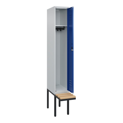 C+P Spind Classic PLUS, Bank, 1 Abteil, 2120x300x815mm, 7035/5010 Verschluss Zylinderschloss 3 Garderobenhaken   Sitzbanktyp auskragend