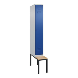 C+P Spind Classic PLUS, Bank, 1 Abteil, 2120x300x815mm, 7035/5010 Verschluss Zylinderschloss 3 Garderobenhaken   Sitzbanktyp untergebaut