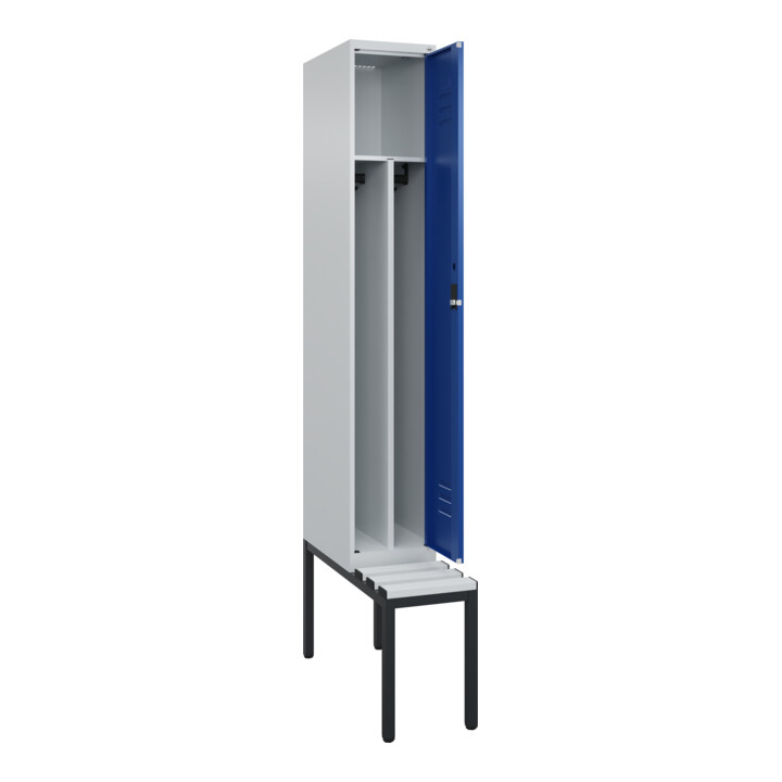 C+P Spind Classic PLUS, Bank, 1 Abteil, 2120x300x815mm, 7035/5010 Verschluss Zylinderschloss 4 Garderobenhaken Trennwand mittig Dekor Banklatten RAL 7035 Lichtgrau Sitzbanktyp untergebaut