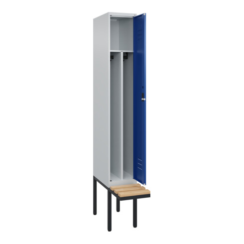 C+P Spind Classic PLUS, Bank, 1 Abteil, 2120x300x815mm, 7035/5010 Verschluss Zylinderschloss 4 Garderobenhaken Trennwand mittig  Sitzbanktyp auskragend