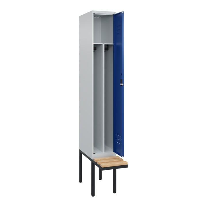 C+P Spind Classic PLUS, Bank, 1 Abteil, 2120x300x815mm, 7035/5010 Verschluss Zylinderschloss 4 Garderobenhaken Trennwand mittig  Sitzbanktyp auskragend