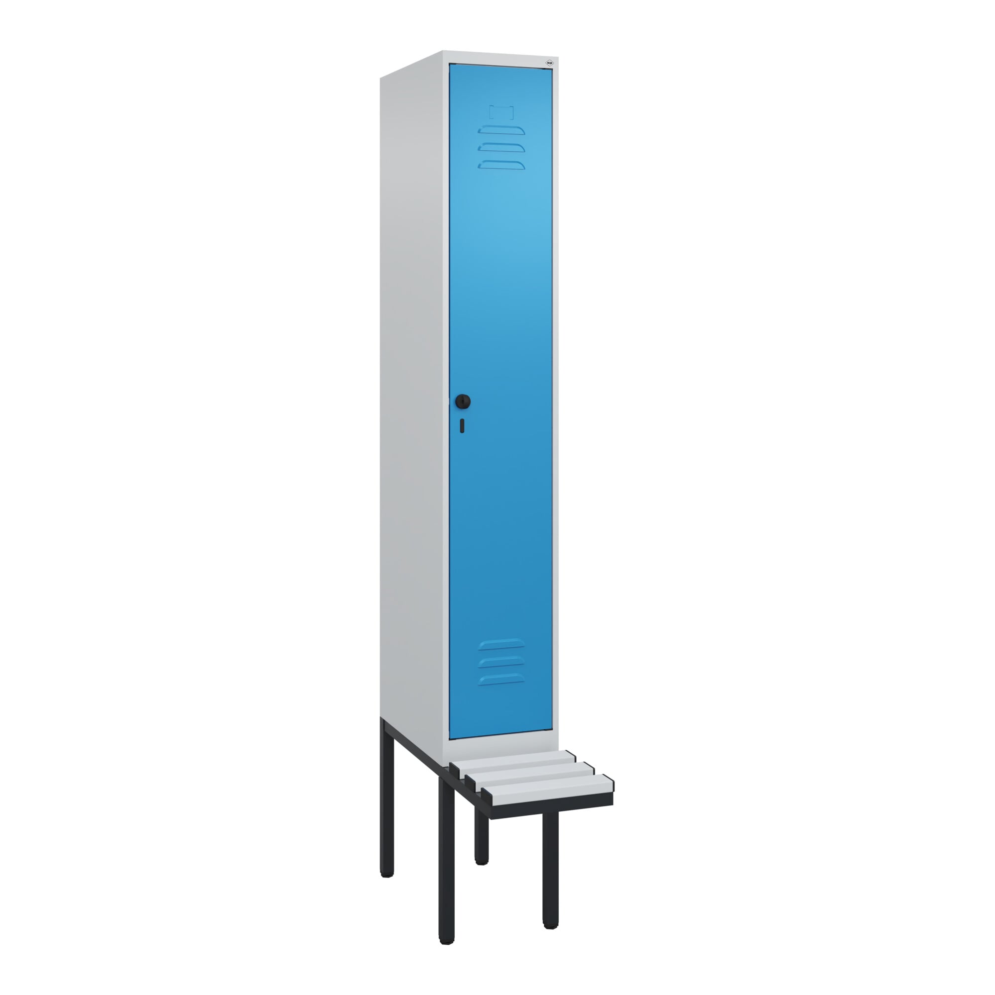 C+P Spind Classic PLUS, Bank, 1 Abteil, 2120x300x815mm, 7035/5012 Verschluss Sicherheits-Drehriegel 3 Garderobenhaken Dekor Banklatten RAL 7035 Licht