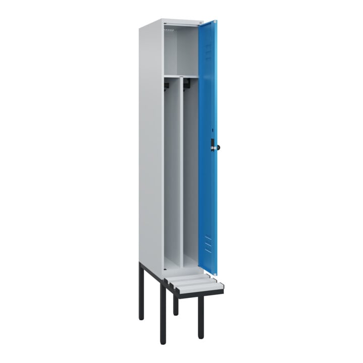 C+P Spind Classic PLUS, Bank, 1 Abteil, 2120x300x815mm, 7035/5012 Verschluss Sicherheits-Drehriegel 4 Garderobenhaken Trennwand mittig Dekor Banklatten RAL 7035 Lichtgrau Sitzbanktyp auskragend