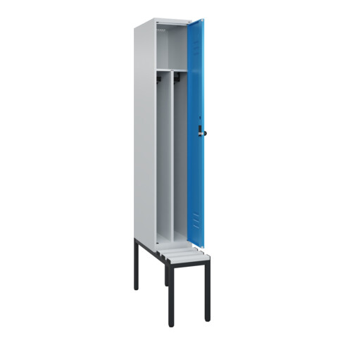 C+P Spind Classic PLUS, Bank, 1 Abteil, 2120x300x815mm, 7035/5012 Verschluss Sicherheits-Drehriegel 4 Garderobenhaken Trennwand mittig Dekor Banklatten RAL 7035 Lichtgrau Sitzbanktyp untergebaut