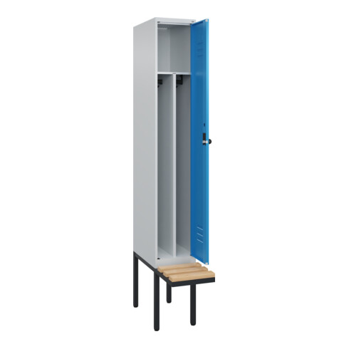 C+P Spind Classic PLUS, Bank, 1 Abteil, 2120x300x815mm, 7035/5012 Verschluss Sicherheits-Drehriegel 4 Garderobenhaken Trennwand mittig  Sitzbanktyp auskragend