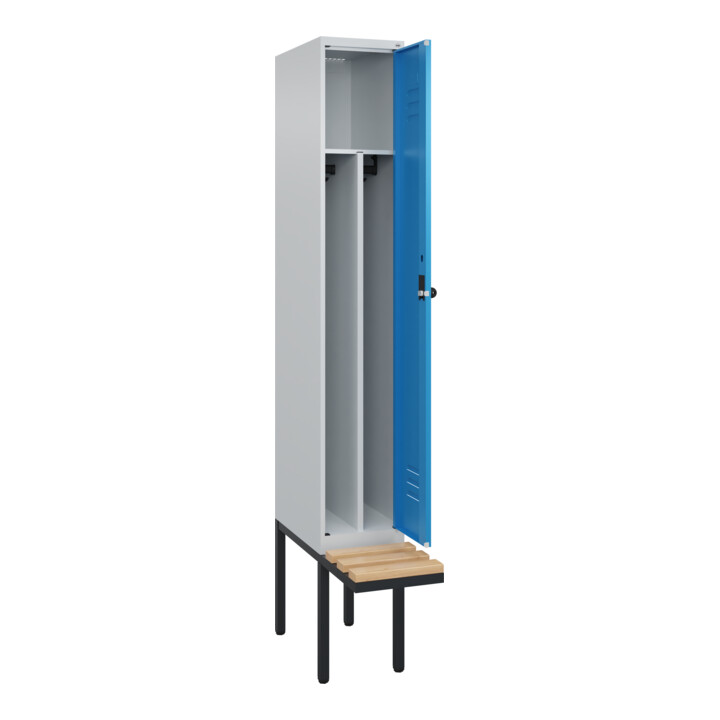 C+P Spind Classic PLUS, Bank, 1 Abteil, 2120x300x815mm, 7035/5012 Verschluss Sicherheits-Drehriegel 4 Garderobenhaken Trennwand mittig  Sitzbanktyp auskragend
