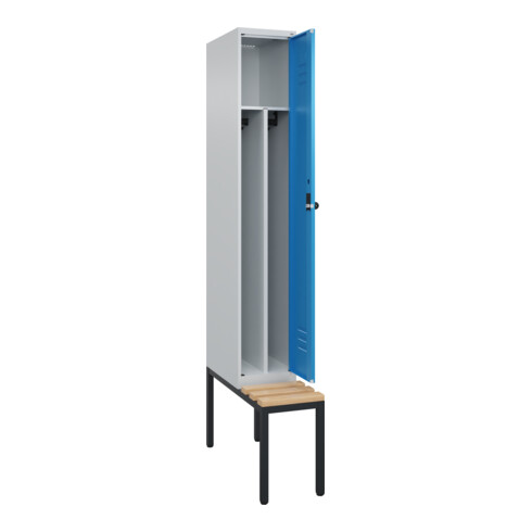 C+P Spind Classic PLUS, Bank, 1 Abteil, 2120x300x815mm, 7035/5012 Verschluss Sicherheits-Drehriegel 4 Garderobenhaken Trennwand mittig  Sitzbanktyp untergebaut