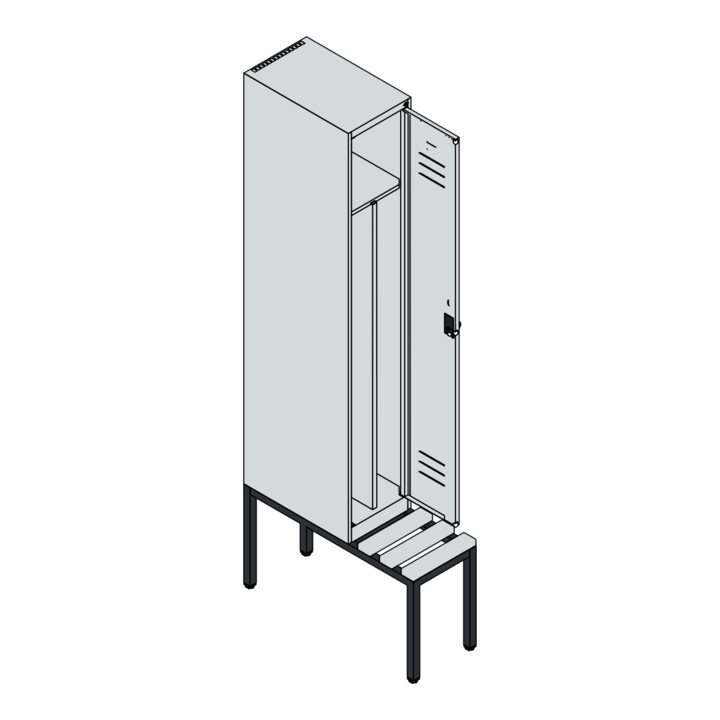 C+P Spind Classic PLUS, Bank, 1 Abteil, 2120x300x815mm, 7035/5012 Verschluss Sicherheits-Drehriegel 4 Garderobenhaken Trennwand mittig  Sitzbanktyp untergebaut