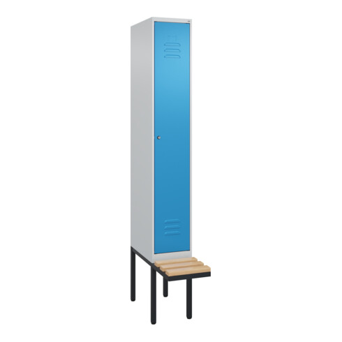 C+P Spind Classic PLUS, Bank, 1 Abteil, 2120x300x815mm, 7035/5012 Verschluss Zylinderschloss 3 Garderobenhaken   Sitzbanktyp auskragend