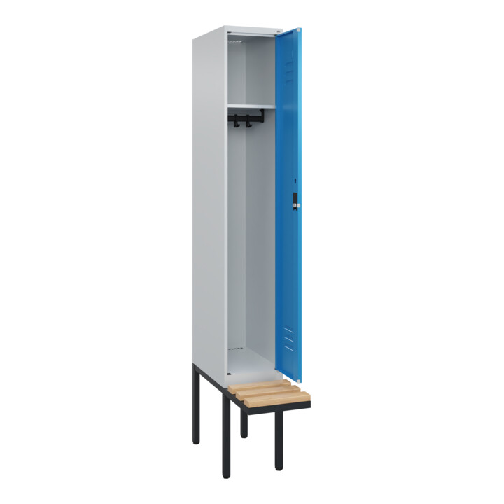 C+P Spind Classic PLUS, Bank, 1 Abteil, 2120x300x815mm, 7035/5012 Verschluss Zylinderschloss 3 Garderobenhaken   Sitzbanktyp auskragend