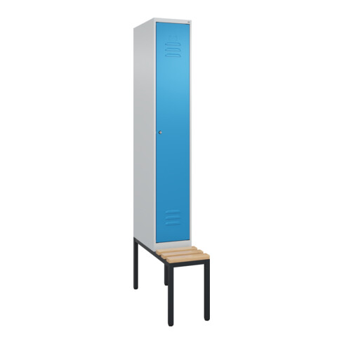 C+P Spind Classic PLUS, Bank, 1 Abteil, 2120x300x815mm, 7035/5012 Verschluss Zylinderschloss 3 Garderobenhaken   Sitzbanktyp untergebaut
