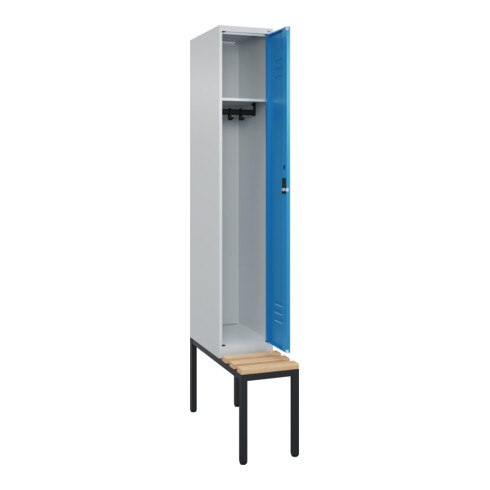 C+P Spind Classic PLUS, Bank, 1 Abteil, 2120x300x815mm, 7035/5012 Verschluss Zylinderschloss 3 Garderobenhaken   Sitzbanktyp untergebaut