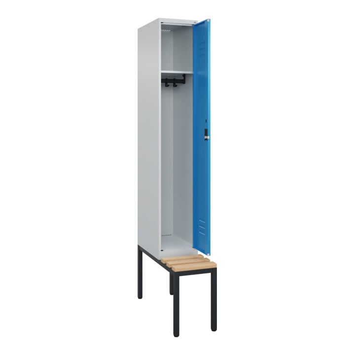 C+P Spind Classic PLUS, Bank, 1 Abteil, 2120x300x815mm, 7035/5012 Verschluss Zylinderschloss 3 Garderobenhaken   Sitzbanktyp untergebaut
