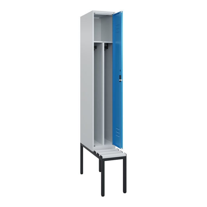C+P Spind Classic PLUS, Bank, 1 Abteil, 2120x300x815mm, 7035/5012 Verschluss Zylinderschloss 4 Garderobenhaken Trennwand mittig Dekor Banklatten RAL 7035 Lichtgrau Sitzbanktyp untergebaut